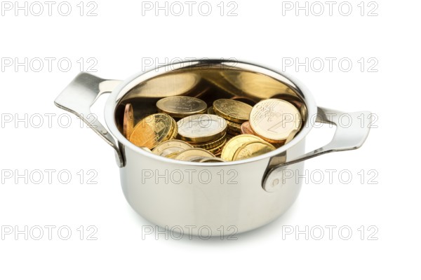 A cooking pot half-filled with euro coins, symbolising national debt and financial needs