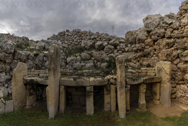 Xaghra, Malta, 20 December, 2023: detail view of the neolithic temple ruins of Ggantija on Gozo Island in Malta, Europe