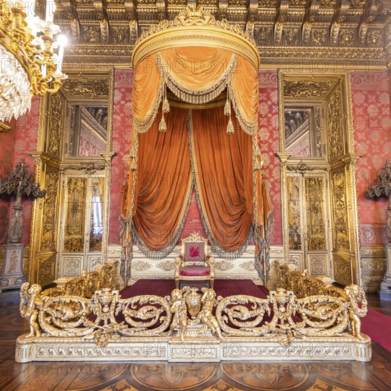 Turin, Italy, Circa August 2021: old throne room interior with chair in luxury palace. Red and gold antique Baroque style, Savoia Royal Palace, Europe