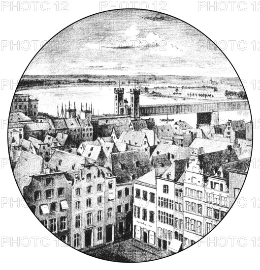 Historical architectural illustration from the 19th Century, 1881, German Renaissance style, 16th century, cityscape of Cologne, Germany, Europe, Deutsche Renaissance, Architektur-Zeichnung von 1881, Köln, Nordrhein-Westfalen, Deutschland, Europa, Europe