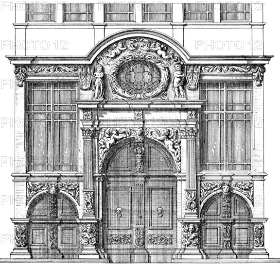 Historical architectural illustration from the 19th Century, 1881, German Renaissance style, 16th century, house Auf der Sandbahn 8, now destroyed, Cologne, Germany, Europe, Deutsche Renaissance, Architektur-Zeichnung von 1881, Bürgerhaus in Köln, Auf der Sandbahn 8, heute nicht mehr vorhanden, Köln, Nordrhein-Westfalen, Deutschland, Europa, Europe