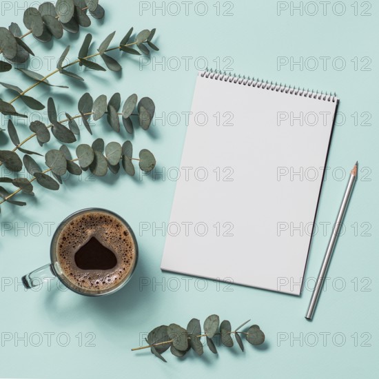 Blank paper notebook with pencil and coffee cup. Empty paper sketchbook with pincil and eucalyptus branches on blue background. Top view or flat lay. Copy space for text or design