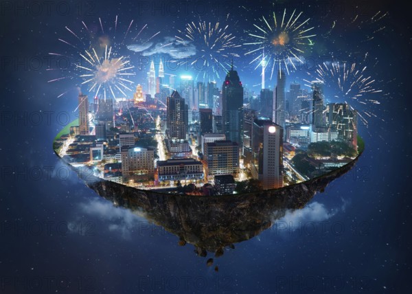 Fantasy island floating in the air with modern city skyline and lake garden, Night scene with firework celebration