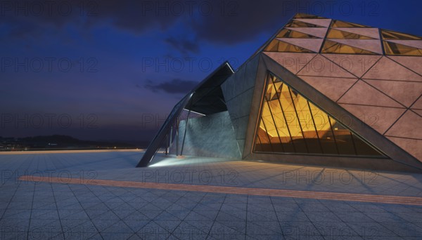 Contemporary triangle shape design modern Architecture building exterior with glass, concrete and steel element. Night scene. Photorealistic 3D rendering