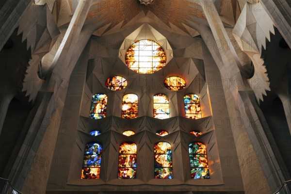 Barcelona, Spain - 15 December 2019: Stained windows from inside the Sagrada Familia in Barcelona, Spain, Europe