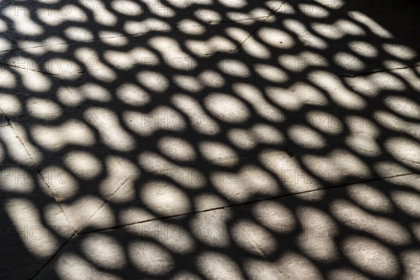 Shadow of a jali, the sandstone latticed screen in a window of Humayun's Tomb, the burial place of the Mughal Emperor Humayun, Mirza Nasir al-Din Muhammad. This red sandstone and marble mausoleum is an example of the early Mughal architecture in northern India, an important monument of Delhi and the UNESCO World Heritage Site. National Capital Territory (NCT) of Delhi, India, Asia