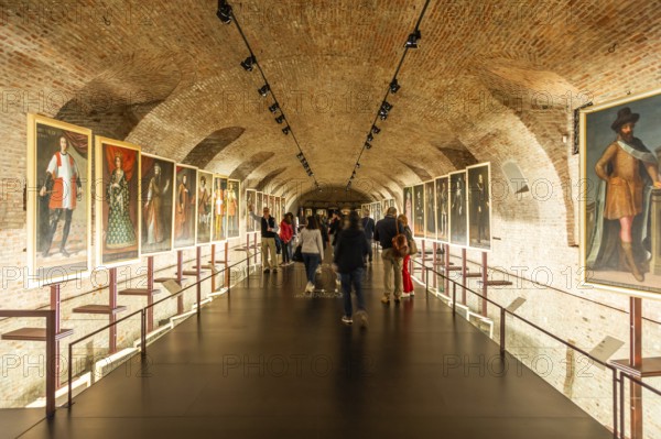 Venaria Reale, Turin, Italy, 16 July 2023: old gallery, museum with paintings perspective, Europe