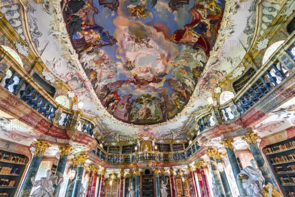 WIBLINGEN, BAVARIA, GERMANY, JUNE 08, 2022 : Rococo and baroque decors of the library in Wiblingen abbey, near Ulm city, by architects Christian and Johann Wiedemann, 18th century