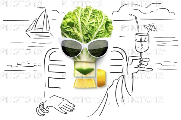 Quirky food concept of cubist style female face in sunglasses on a beach of fruit and vegetables, on sketchy background