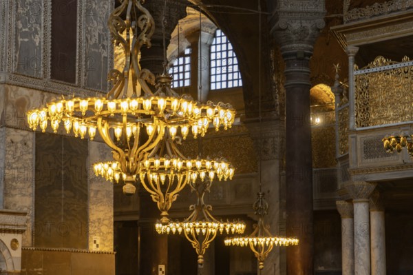 A picture of the colorful and gorgeous interior of the Hagia Sophia, in Istanbul
