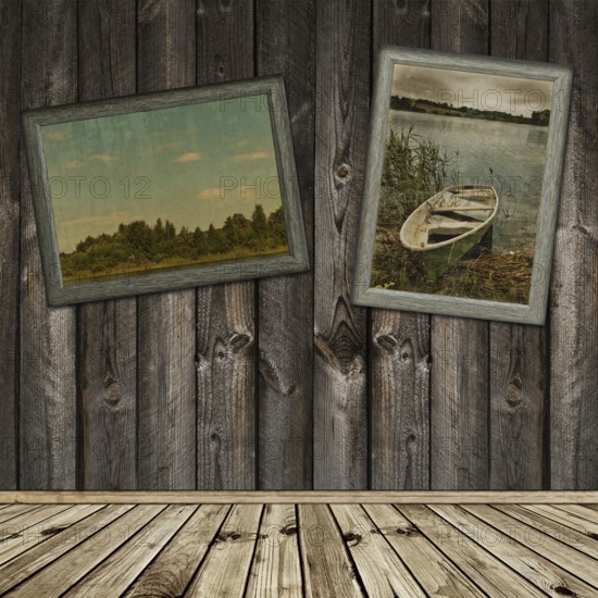 Wooden interior with old frames photos of nature