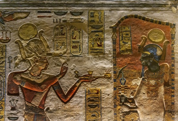 Ancient color egypt images and hieroglyphics on wall