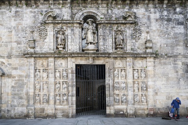 Entrance facade detail in landmark cathedral of santiago de compostela old town spain