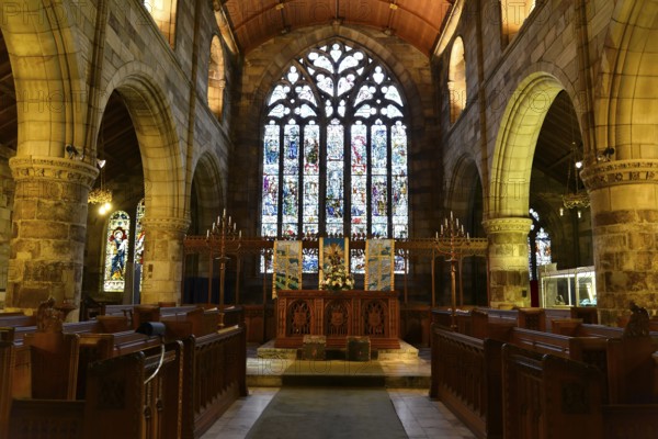 Interior view of St Salvator's Chapel at the University of St Andrews, St Andrews, Fife Region, Scotland, United Kingdom, Great Britain, Religious church with stained glass windows, an altar and elaborate arches, Scotland, United Kingdom, Great Britain, Europe