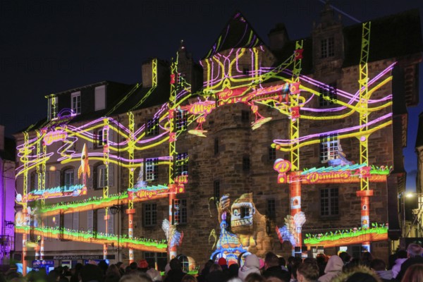 Projections on the façade of the Maison de la Duchesse Anne, light show at the turn of the year in the old town centre of Landerneau, Finistere Penn-ar-Bed department, Bretagne Breizh region, France, Europe