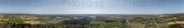 Expansive panorama with fields, forests and lakes under a blue sky, New Steinach Castle, Lower Bavaria