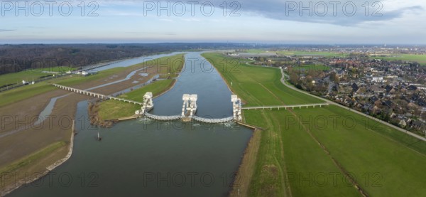 Aerial view of the Driel Weir in the Netherlands. It makes part of the weir complex Amerongen, consisting of locks, a weir and a fishway in the Rhine river (Nederrijn)