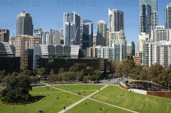 2018-09-18, Sydney, New South Wales, Australia, A view of the skyline of Sydney's business district with Tumbalong Park in the foreground, Oceania