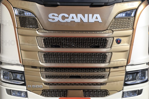 FORSSA, FINLAND, MAY 1, 2017: Detail of Next Generation Scania R500 semi truck front in colors of cream and bronze