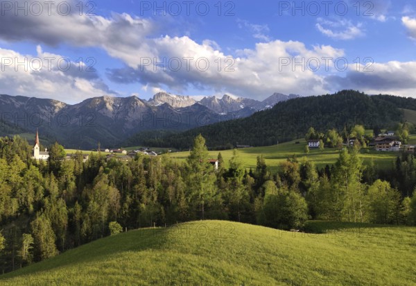 Panoramic view of Steinberg am Rofan, with the Rofanspitze 2259 m, Tyrol, Austria, Europe