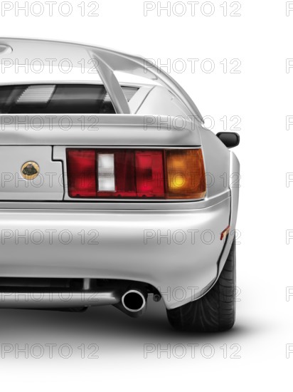 Silver 1997 Lotus Esprit V8 sports car back rear view isolated on white background with clipping path