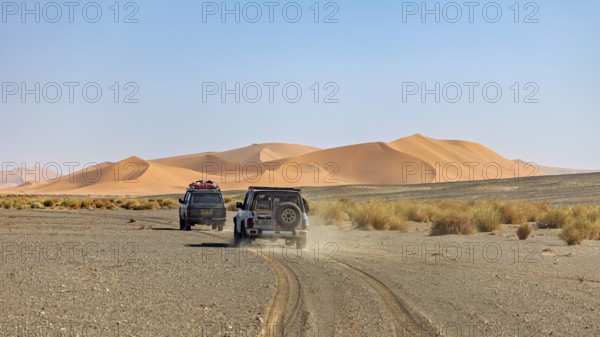 Off-road vehicles drive on a dusty road in front of large sand dunes, With off-road vehicles through the Sahara desert in Algeria