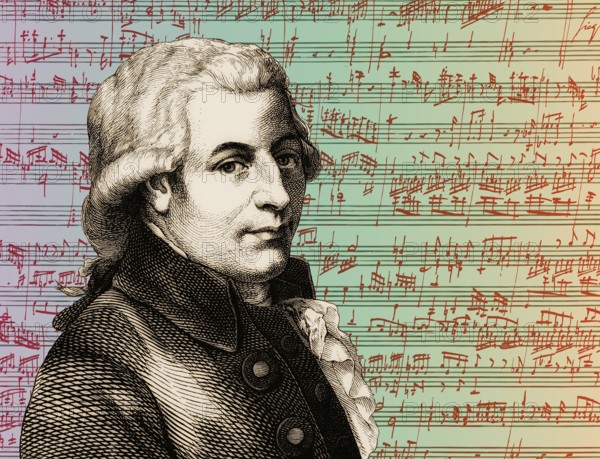 Wolfgang Amadeus Mozart, 1756 – 1791, composer of classical music, First Viennese School, notesheet from Allegro and Andante, Fantasy in F minor for mechanical organ, KV 608, 1791, digitally edited