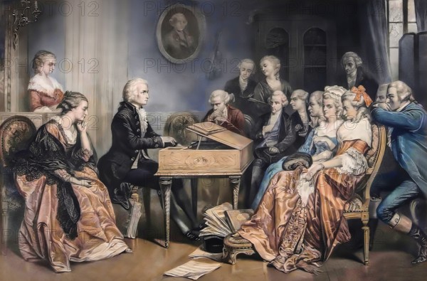 Mozart at the harpsichord, Wolfgang Amadeus Mozart, 1756 – 1791, composer of classical music, First Viennese Schoolm digitally edited after a painting by Hamman