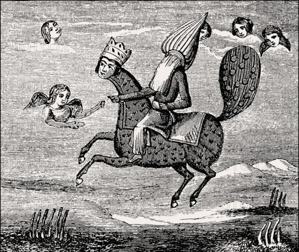 The mythical creature Buraq carried the Islamic prophet Muhammad up in the heavens, Persian miniature