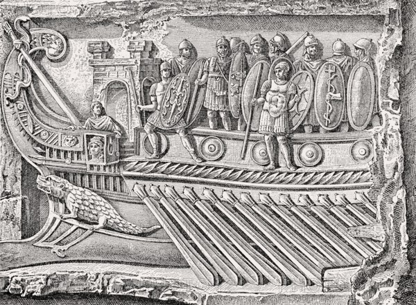 A Roman naval bireme, relief from the Temple of Fortuna Primigenia in Praeneste, ancient Roman Empire