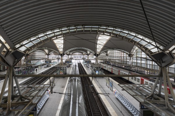 Leuven, Flemish Brabant Region, Belgium 10 31 2021: High angle view over the ceiling, platform and rails of the train station