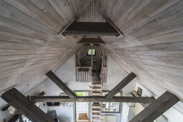 Rensmur, Sala Vastmanland County -Sweden, 08 06 2019: Wooden structure of the ceiling of a traditional Swedish summer house