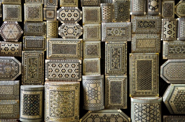 Traditional decorated souvenir boxes in market of cairo egypt