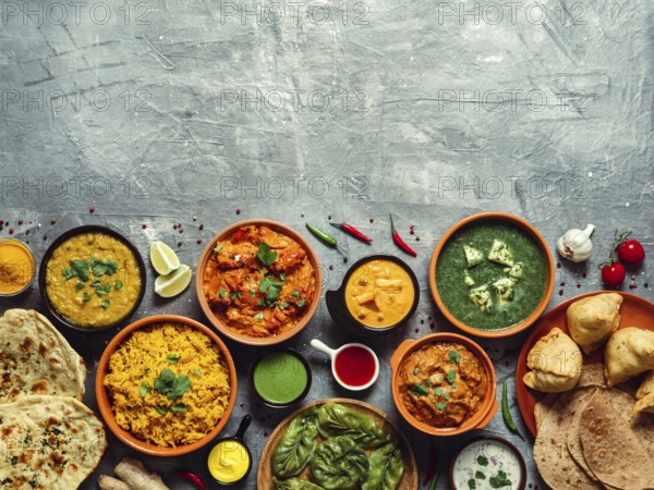 Indian cuisine dishes: tikka masala, dal, paneer, samosa, chapati, chutney, spices. Indian food on gray background. Assortment indian meal with copy space for text. Top view or flat lay