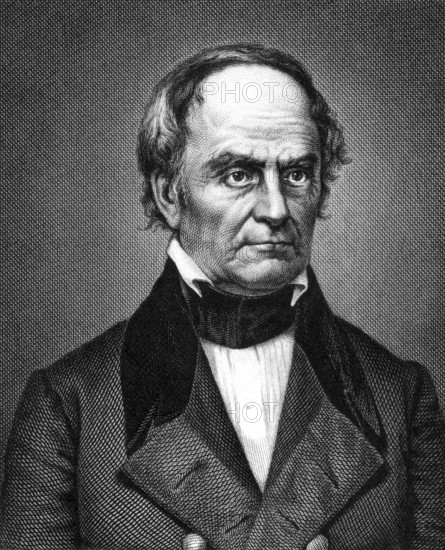 Daniel Webster (1782-1852) on engraving from 1859. Leading American statesman and senator. Engraved by unknown artist and published in Meyers Konversations-Lexikon, Germany, 1859, Europe