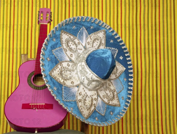 Mariachi embroidery mexican hat pink guitar in striped background