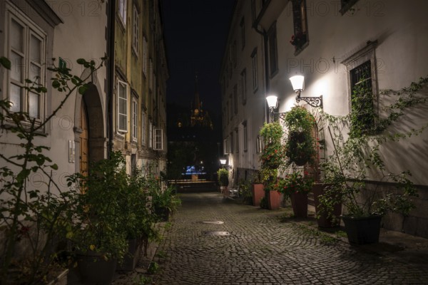 Scenic little Krizevniska alley in Ljubljana illuminated at night, arranged with plants at the sides, Slovenia, Europe