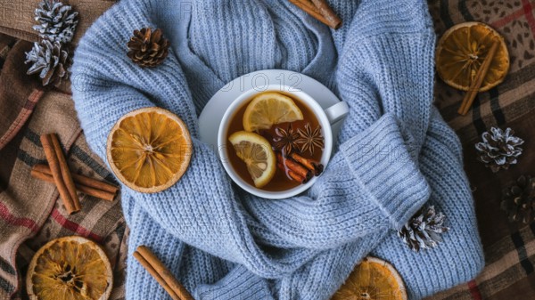 Blue sweater and cup of hot tea with lemon cinnamon sticks and anise star. Dry slices of citrus orange and cones. Hot winter cocktail. Christmas, Thanksgiving drinks. Autumn, grog, hot sangria, mulled wine. Festive holiday flat lay atmosphere