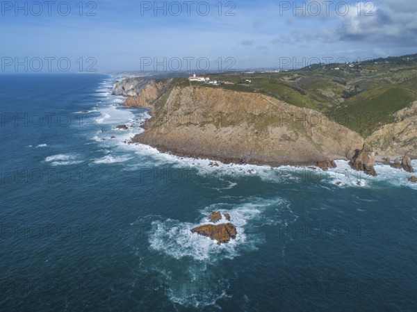 Aerial view of lighthouse at Cape Roca (Cabo da Roca) at sunset, the westernmost point of continental Europe, Portugal, Europe