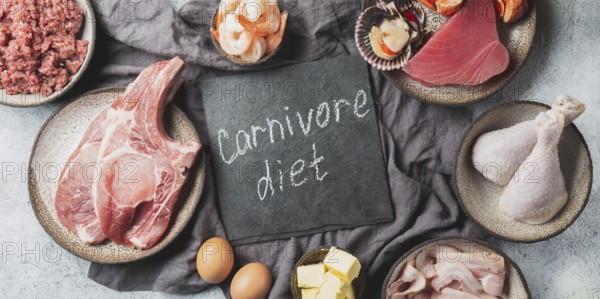 Food, Selection food for CARNIVORE DIET. Seafood, Meat, megs and fat. Zero carbs diet concept