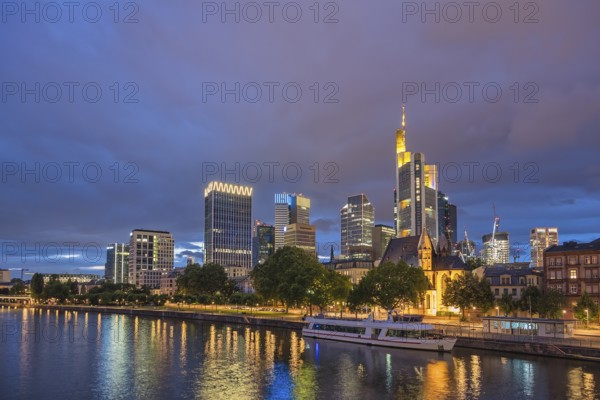 Frankfurt Germany, night city skyline at Main River and business skyscraper