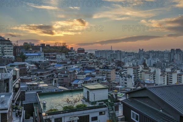 Seoul South Korea, sunrise city skyline at Seoul city center view from Naksan Park