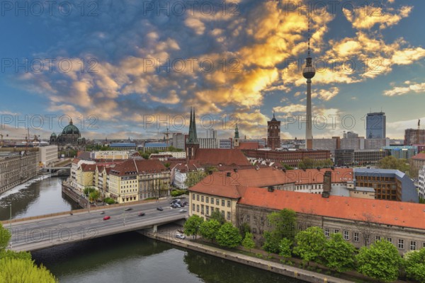 Berlin Germany, sunset city skyline at city center and Spree River