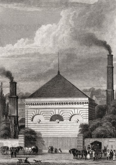 La pompe à feu, Passy, Paris, antique steel engraved print, 1831