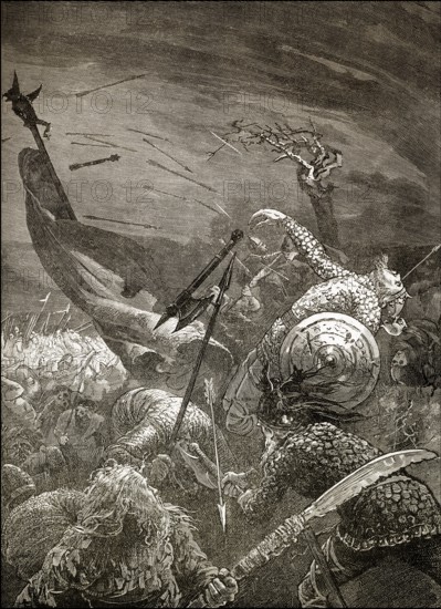 The death of Harold II or Harold Godwinson, c. 1022 - 1066, at the Battle of Hastings, 1066, the last Anglo-Saxon King of England