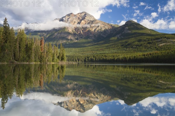 Reflections in Pyramid Lake, Jasper National Park, Alberta, Canada, North America