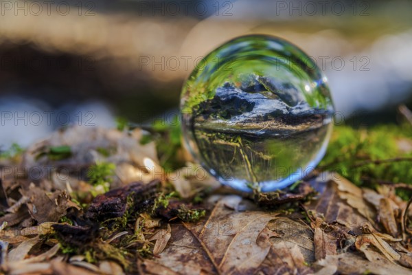 Close-up of a crystal ball reflecting a river landscape, Perlbachtal, NIederbayern