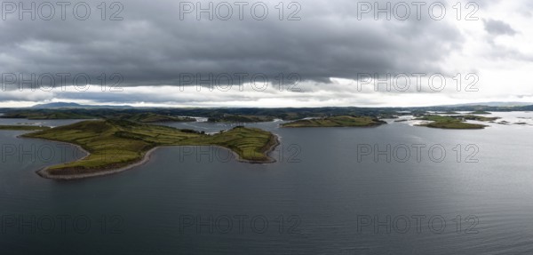 Drone panorama landscape of Rosmoney Pier and marina and the drumlin islands of Clew Bay