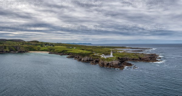 A panorama drone landscape view of Fanad Head Lighthouse and Peninsula on the northern coast of Ireland