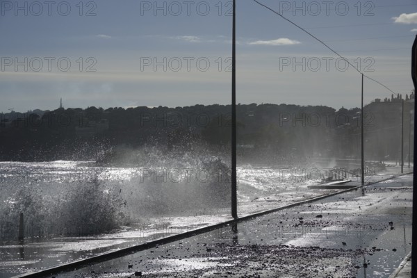 Destruction on the coast of the Côte d'Azur in Roquebrune Cap Martin and Menton after storm in connection with heavy rain, washed away beach promenade, destroyed boats, flooded infrastructure, clean-up work, department Alpes-Maritimes, region Provence Alpes Côte d'Azur, France, Mediterranean Sea, symbolic image climate change, Europe